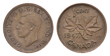 Канада 1 цент 1947 Leaf, Георг VI (1936-1952), кленовый лист KM 32 бронза 75-1564