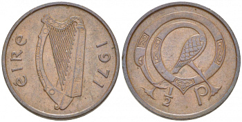 ИРЛАНДИЯ 1/2 ПЕННИ 1971 ПТИЧКА KM 19 бронза 3955-532