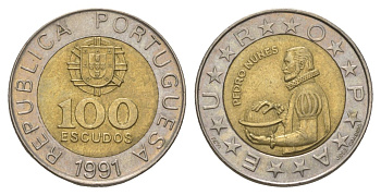Португалия 100 эскудо 1991 Педру Нуниш (1502-1578), математик KM 645 биметалл aUNC 4626-351