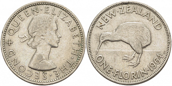 Новая Зеландия 1 флорин 1964 Елизавета II (1952-2022), птичка киви KM 28.2 медно-никель 00-00