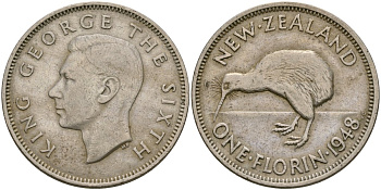 Новая Зеландия 1 флорин 1948 Георг VI (1937-1952), птичка киви, первый год KM 18 медно-никель 4137-546