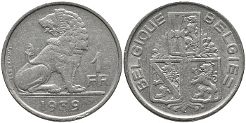 Бельгия 1 франк 1939 Леопольд III (1934-1950), Belgique-Belgie, лев KM 119 никель 4384-234