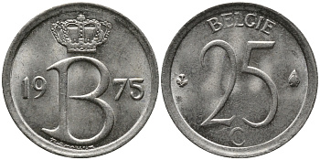Бельгия 25 сантимов 1975 Belgie, Бодуэн I (1951-1993) KM 154.1 медно-никель 99-363