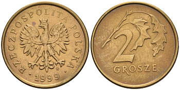 Польша 2 гроша 1999 MW KM 277, Parchimowicz 702f латунь 4136-939