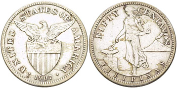 Филиппины 50 сентаво 1907 S  KM 171 серебро 00-00