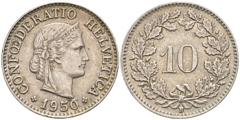 ШВЕЙЦАРИЯ 10 РАППЕНОВ 1950 В KM 27 медно-никель 55-231