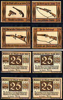 Зуль (Пруссия, Саксония) полный набор из 4 нотгельдов (25 пфеннигов) 1922 оружие Mehl Grabowski 1303.1 бумага UNC (пресс) 7556-55-4-1