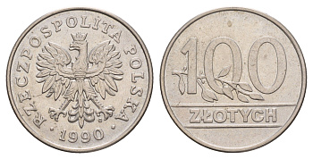 Польша 100 злотых 1990 MW, год-тип Y 214 медно-никель UNC 4654-1031