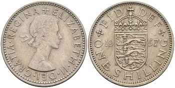 Великобритания 1 шиллинг 1957 Елизавета II (1952-2022), Английский герб KM 904, Spink 4147 медно-никель    4595-844