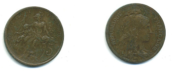 ФРАНЦИЯ 5 САНТИМОВ 1898 ТИП ДАНИЭЛЬ ДЮПЮИ KM 842, LE FRANC 119.5 бронза 84-537