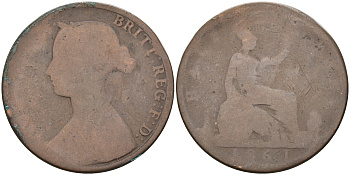 Великобритания 1/2 пенни 1861 Виктория (1837-1901) KM 748.2, Spink 3956 бронза 4589-916