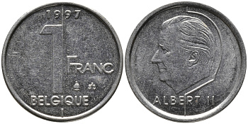БЕЛЬГИЯ 1 ФРАНК 1997 BELGIQUE, АЛЬБЕРТ II (1993-) KM 187 железо плакированное никелем 99-1228