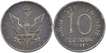 ПОЛЬША 10 ФЕНИГОВ 1917 FF. ГЕРМАНСКАЯ ОККУПАЦИЯ, ПЕРВАЯ МИРОВАЯ ВОЙНА, ЛЕГЕНДА НЕ КАСАЕТСЯ КРАЯ KM 6 железо 5010-1245
