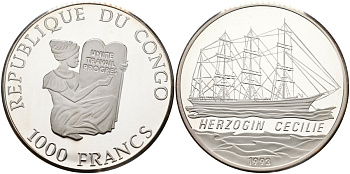 Конго 1000 франков 1993 четырёхмачтовый парусник "Герцогиня Сесилия" KM 15 серебро PROOF 04-318-43
