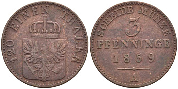 ПРУССИЯ 3 ПФЕННИГА 1859 А, ФРИДРИХ ВИЛЬГЕЛЬМ (1840-1861) KM 453 медь 117-1051