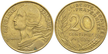 ФРАНЦИЯ 20 САНТИМОВ 1963 ТИП MARIANNE KM 930, LE FRANC 156.3 медь алюминий никель 175-815