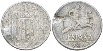 ИСПАНИЯ 10 СЕНТИМО 1945 РЫЦАРЬ НА КОНЕ KM 766 алюминий 4523-451