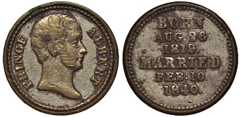 АНГЛИЯ МЕДАЛЬ 1840 ПРИНЦ АЛЬБЕРТ СВАДЬБА С ВИКТОРИЕЙ ДИАМЕТР 10,5 ММ. ВЕС 0,59 ГР. серебро 188-314