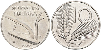 Италия 10 лир 1989 R, колосья, плуг KM 93 алюминий UNC 4573-1252