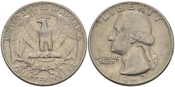 США 25 центов (квотер) 1967 Вашингтон KM 164а медь плакированная медно-никелем 31-721