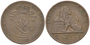 Бельгия 2 сантима 1863 Леопольд I (1831-1865) KM 4.2 медь 4615-655