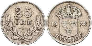 Швеция 25 эре 1938 G, Густав V (1907-1950) KM 785 серебро 4147-943