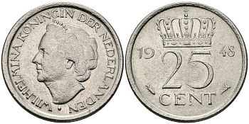 НИДЕРЛАНДЫ 25 ЦЕНТОВ 1948 ВИЛЬГЕЛЬМИНА KM 178 никель 176-852