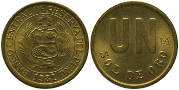 Перу 1 соль 1981 LIMA KM 266.2, Schon 71 латунь UNC 4532-956