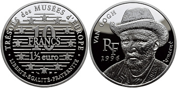 Франция 10 франков = 1 1/2 евро 1996 серия сокровища музеев Европы, Винсент Ван Гог KM 1147 серебро PROOF 1076-7-32