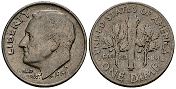 США 10 центов (дайм) 1969 Рузвельт, D KM 195a медь плакированная медно-никелем 4164-947