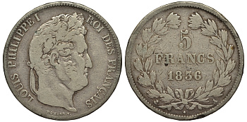 Франция 5 франков 1836 А, Луи Филипп I (1830-1848) KM 749.1 серебро    1530-1013