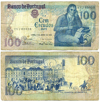 Португалия 100 эскудо 1985 Мануэл Мария Барбоза ду Бокаже, площадь Росиу в Лиссабоне до XIX века, 4 июня 1985 Pick 178е бумага 8611-63-1-2