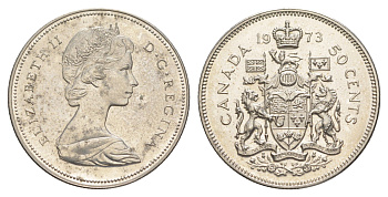 Канада 50 центов 1973 Елизавета II (1952-2022), герб KM 75 никель UNC 4631-946