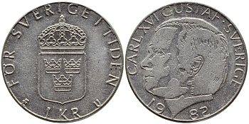 Швеция 1 крона 1982 Карл XVI Густав (1973- ) KM 852a медно-никель 4397-1043