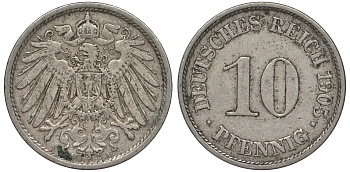 Германия 10 пфеннигов 1905 A KM 12, J. 13 медно-никель 25-2343