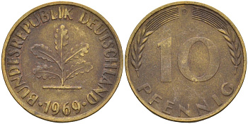 ФРГ 10 пфеннигов 1969 D KM 108 сталь плакированная латунью 4126-533