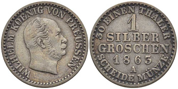 ПРУССИЯ 1 ГРОШ 1863 А, ВИЛЬГЕЛЬМ I (1861-1888) KM 485 серебро 201-638