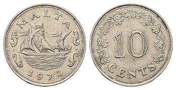 Мальта 10 центов 1972 баржа Великого магистра KM 11 медно-никель 4678-955