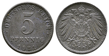 Германия 5 пфеннигов 1921 A KM 19, J. 297, Weege 5 железо 4380-158