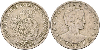 Бразилия 400 рейс 1901 голова свободы вправо KM 505 медно-никель 4367-211