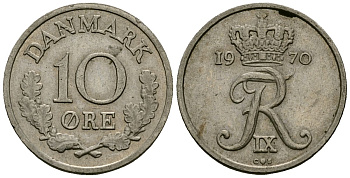 Дания 10 эре 1970 C; S, Фредерик IX (1947-1972) KM 849 медно-никель 4136-861