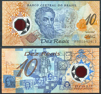 Бразилия 10 реал 2000 Педру Алвариш Кобрал, мореплаватель, первооткрыватель Бразилии Pick 248 a пластик UNC (пресс)  000-00-00