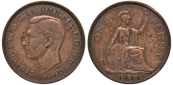 Великобритания 1 пенни 1944 Георг VI (1936-1952) KM 845, Spink 4114 бронза 4131-435