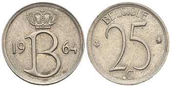Бельгия 25 сантимов 1964 Belgique, Бодуэн I (1951-1993) KM 153.1 медно-никель 4609-738
