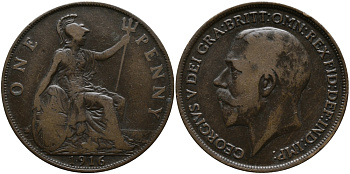 Великобритания 1 пенни 1916 Георг V (1910-1936) KM 810, Spink 4051 бронза 57-842