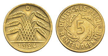 Германия 5 рентенпфеннигов 1924 D KM 32, J. 308 алюминиевая бронза 4613-1063