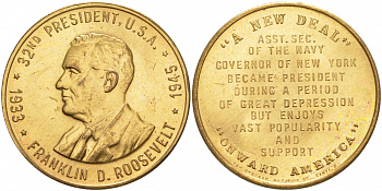 США МЕДАЛЬ ND 32-ЫЙ ПРЕЗИДЕНТ ФРАНКЛИН РУЗВЕЛЬТ 28 мм латунь 73-441