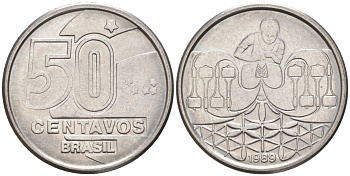 БРАЗИЛИЯ 50 СЕНТАВО 1989 РЕФОРМА 1989-1990 KM 614 нержавеющая сталь 187-536