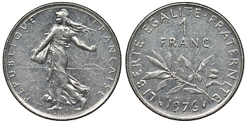 Франция 1 франк 1976 сеятель KM 925.1, Le Franc 226.21 никель 4128-432