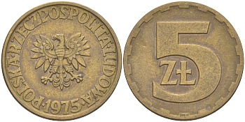 ПОЛЬША 5 ЗЛОТЫХ 1975 ЛЕНИНГРАДСКИЙ МОНДВОР KM 81.1 латунь 106-615